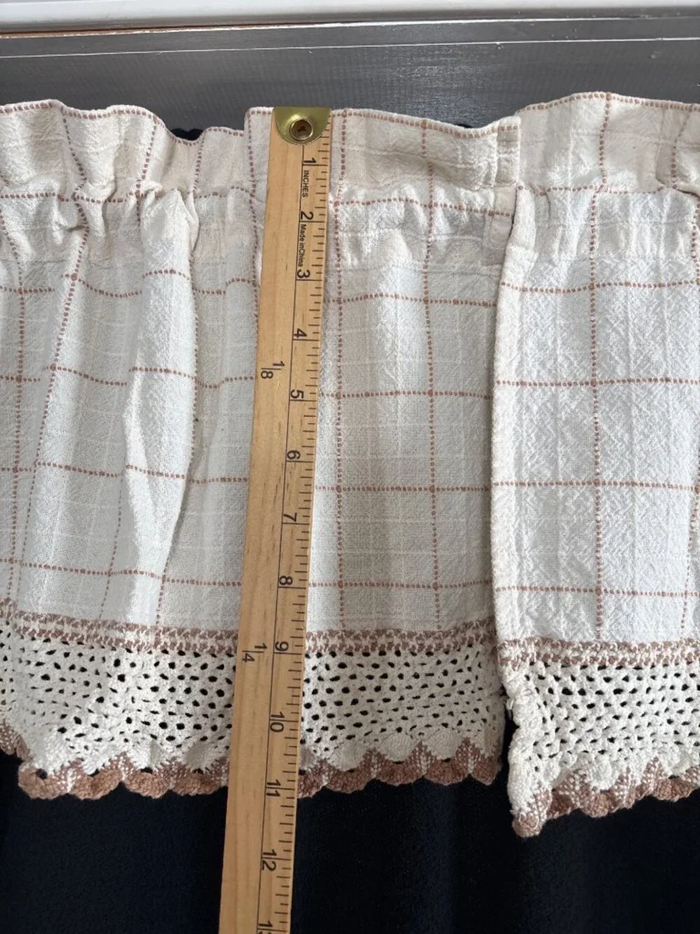 Cream & Tan Crochet Lace Trim Kitchen Curtain Valance 48” W x 34” L Checkered De